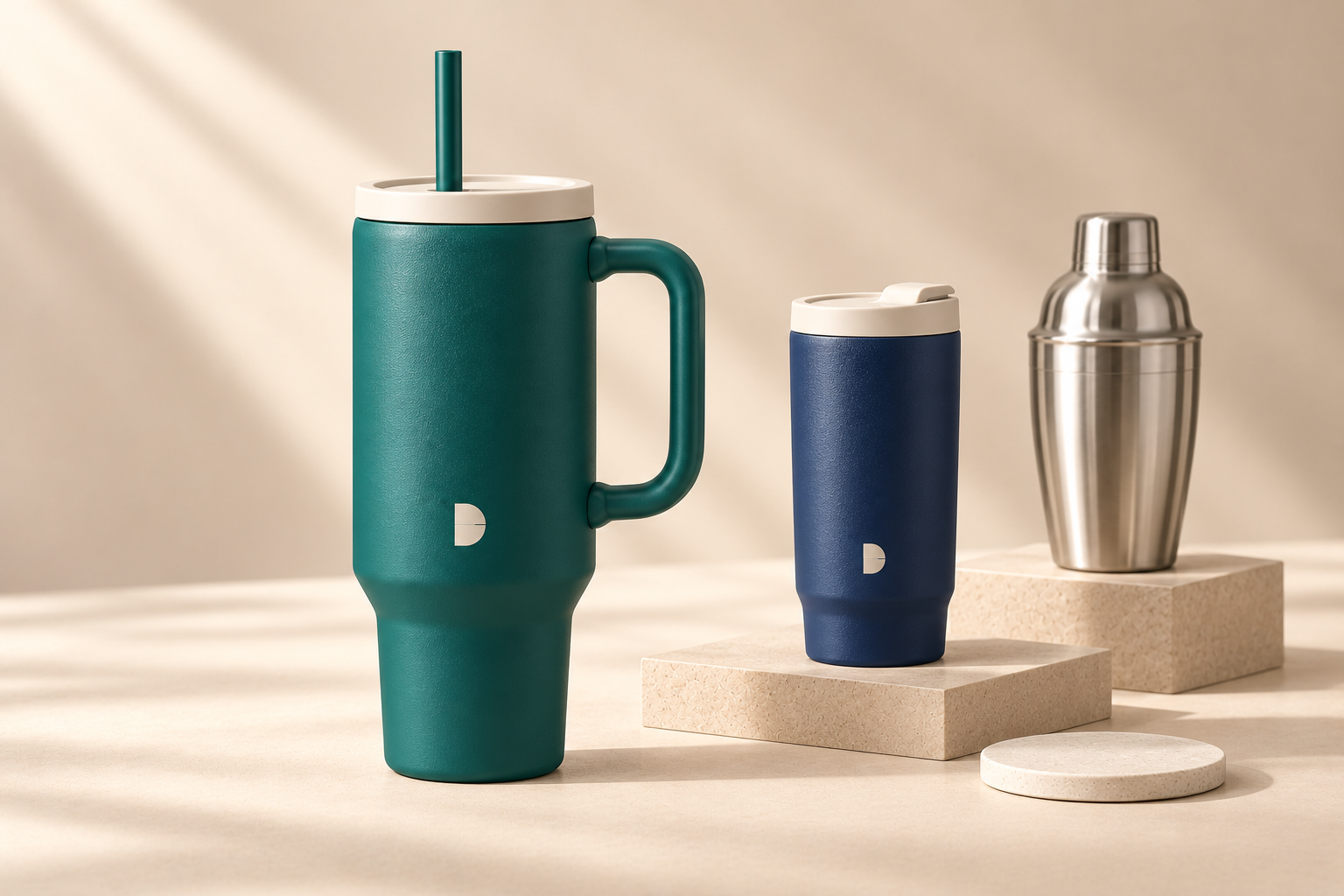 AI concept of a teal handled straw tumbler, a navy travel mug and supporting barware; not a verified product.